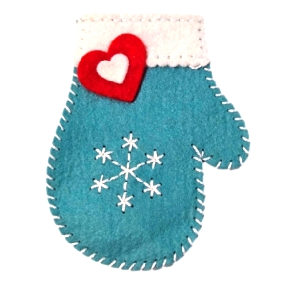 Handmade Felt Christmas mitten Hand Crafted Winter glove Turquoise holiday decor - Picture 1 of 13